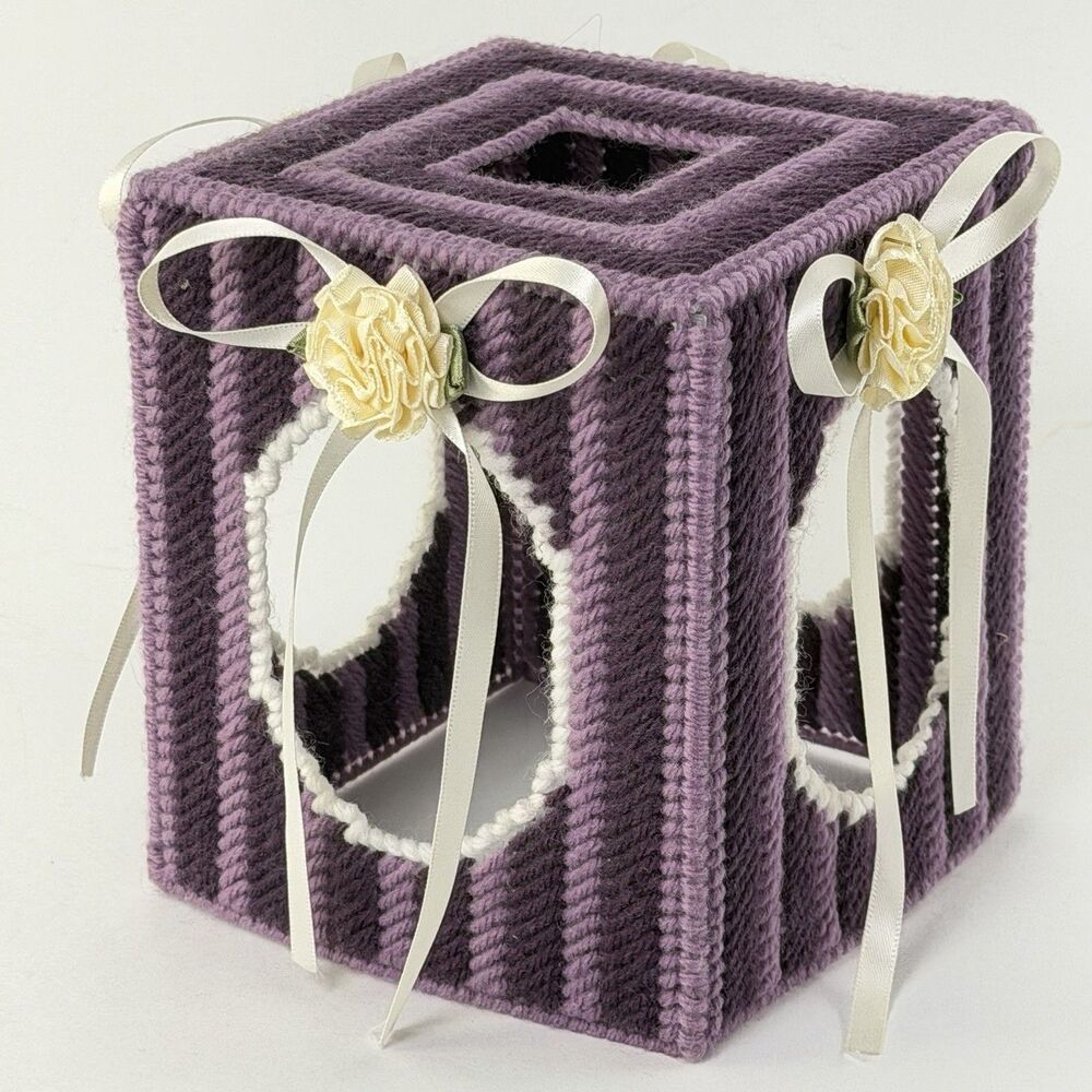 Handmade Needlepoint Plastic Canvas Tissue Box Cover - Coral Floral